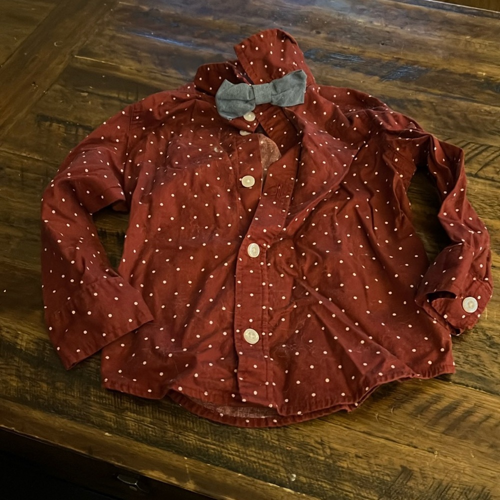 2T Burgundy Long Sleeve Button Down with White Polka Dots and Chambray bow tie